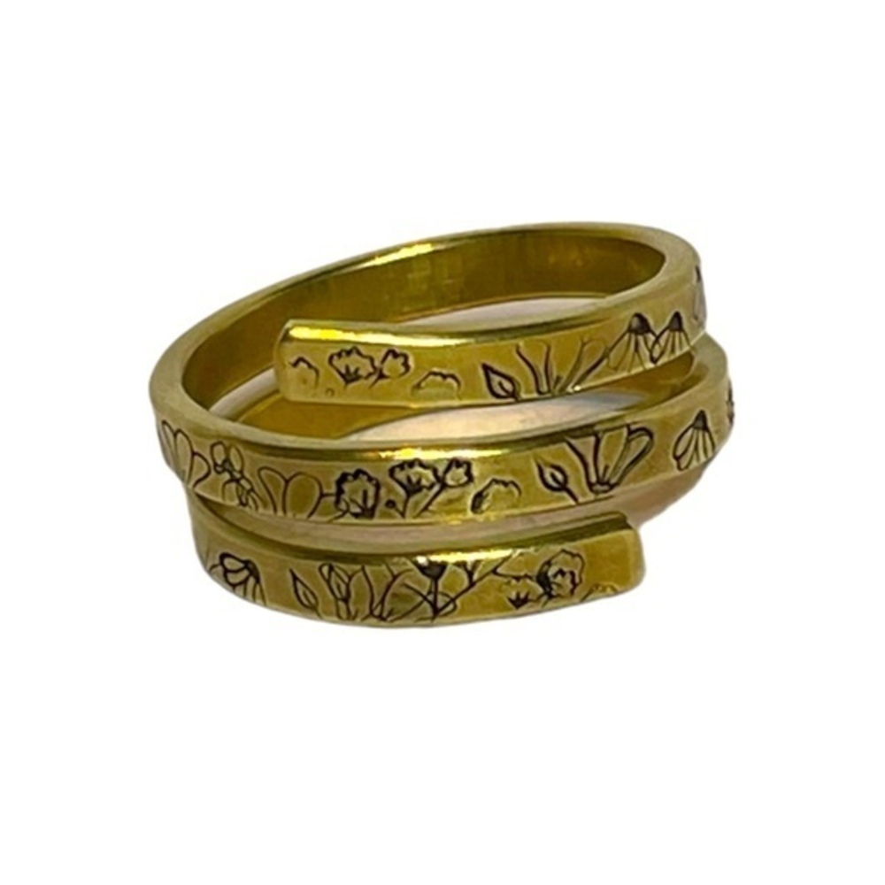 Handmade 9 stamped floral glam‎ gold tone brass adjustable wrap ring